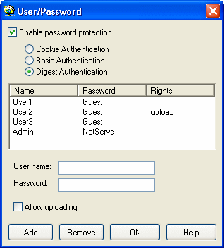 User and Password Security Screen